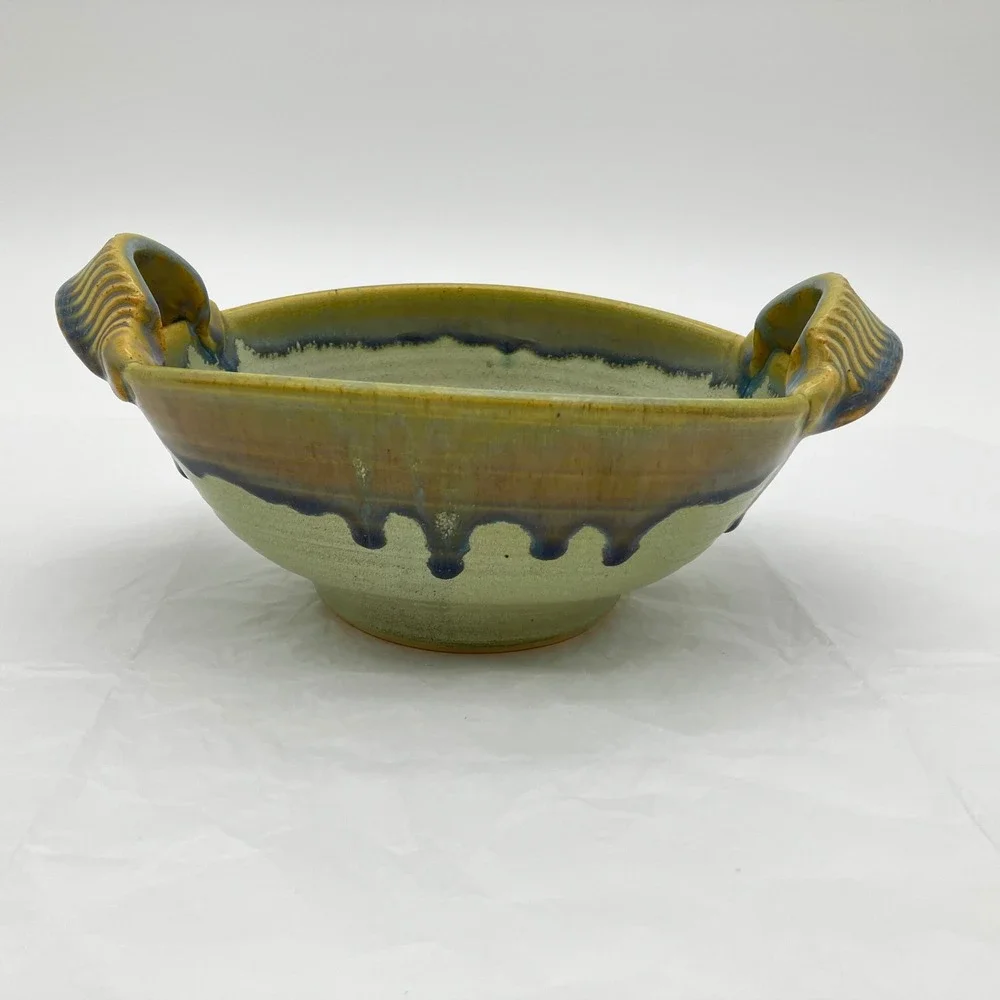 Parsley Pottery Handled Serving Bowl 8in Sage Green Drip Glaze Signed Artisan